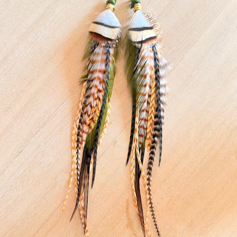 Boho Feather Drop Earrings in Olive and Tan